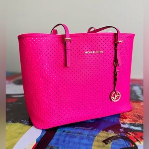 Michael Kors Jet Set Pink Perforated Leather Tote Barbie Vibes